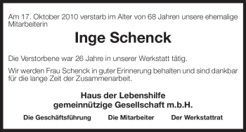 Traueranzeige von Inge Schenck von ALLGEMEINE ZEITUNG UELZEN