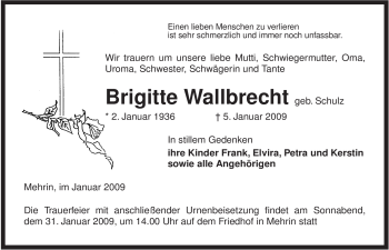 Traueranzeige von Brigitte Wallbrecht von ALLGEMEINE ZEITUNG UELZEN