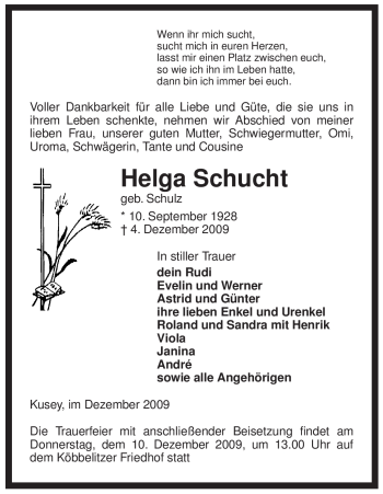 Traueranzeige von Helga Schucht von ALLGEMEINE ZEITUNG UELZEN