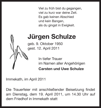 Traueranzeige von Jürgen Schulze von ALLGEMEINE ZEITUNG UELZEN