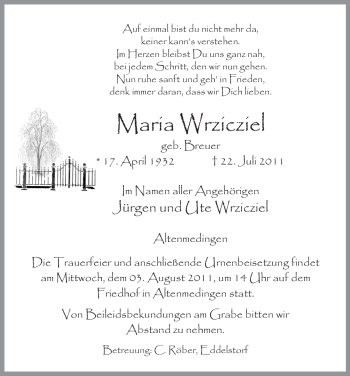 Traueranzeige von Maria Wrzicziel von ALLGEMEINE ZEITUNG UELZEN