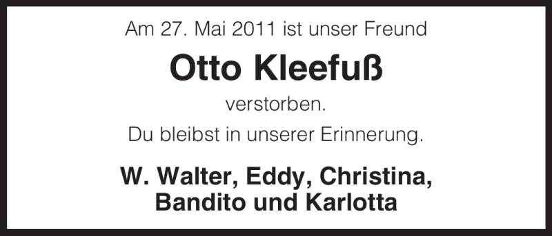  Traueranzeige für Otto Kleefuß vom 04.06.2011 aus ALLGEMEINE ZEITUNG UELZEN