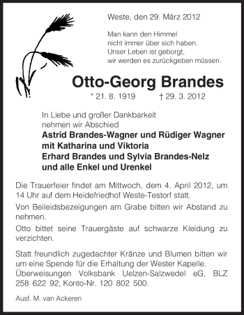 Traueranzeige von Otto-Georg Brandes von ALLGEMEINE ZEITUNG UELZEN