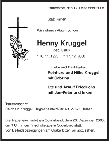 Traueranzeige von Henny Kruggel von ALLGEMEINE ZEITUNG UELZEN