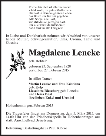 Traueranzeige von Magdalene Leneke von Uelzen