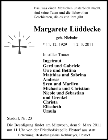 Traueranzeige von Margarete Lüddecke von ALLGEMEINE ZEITUNG UELZEN