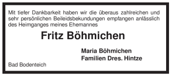 Traueranzeige von Fritz Böhmichen von ALLGEMEINE ZEITUNG UELZEN