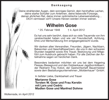 Traueranzeige von Wilhelm Gose von ALLGEMEINE ZEITUNG UELZEN