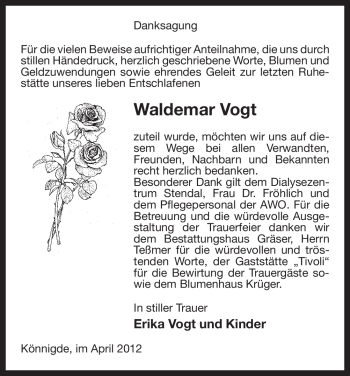 Traueranzeige von Waldemar Vogt von ALLGEMEINE ZEITUNG UELZEN