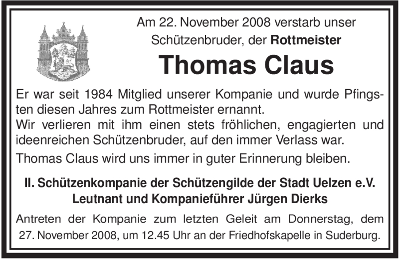  Traueranzeige für Thomas Claus vom 25.11.2008 aus ALLGEMEINE ZEITUNG UELZEN