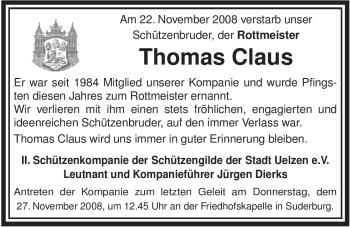 Traueranzeige von Thomas Claus von ALLGEMEINE ZEITUNG UELZEN