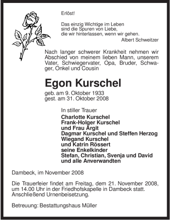 Traueranzeige von Egon Kurschel von ALLGEMEINE ZEITUNG UELZEN