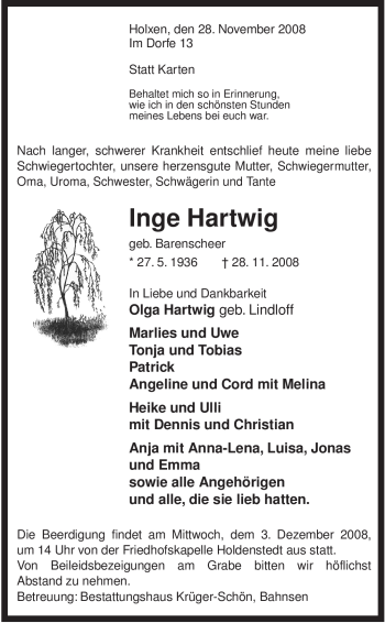 Traueranzeige von Inge Hartwig von ALLGEMEINE ZEITUNG UELZEN