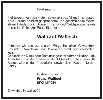 Traueranzeige von Waltraut Wallisch von ALLGEMEINE ZEITUNG UELZEN