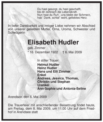 Traueranzeige von Elisabeth Hudler von ALLGEMEINE ZEITUNG UELZEN