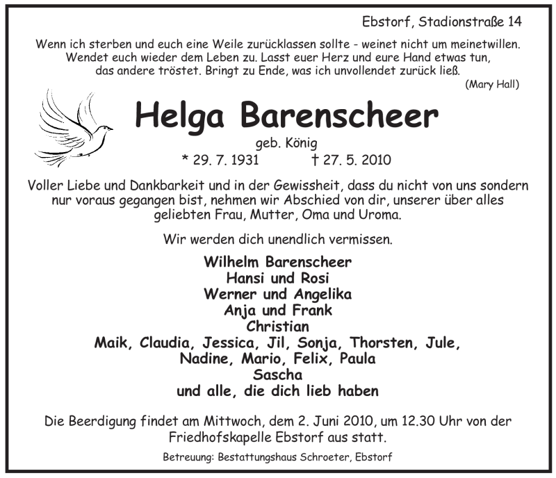  Traueranzeige für Helga Barenscheer vom 29.05.2010 aus ALLGEMEINE ZEITUNG UELZEN
