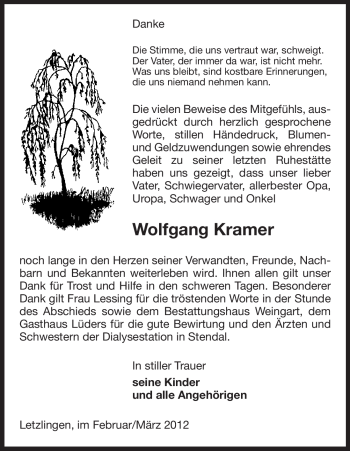 Traueranzeige von Wolfgang Kramer von ALLGEMEINE ZEITUNG UELZEN