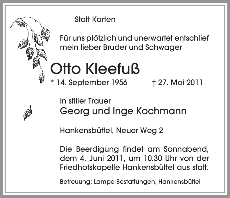  Traueranzeige für Otto Kleefuß vom 03.06.2011 aus ALLGEMEINE ZEITUNG UELZEN