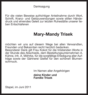 Traueranzeige von Mary-Mandy Trisek von ALLGEMEINE ZEITUNG UELZEN