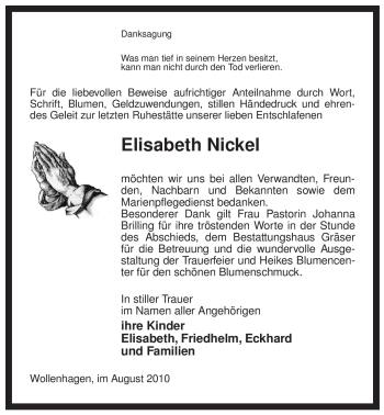 Traueranzeige von Elisabeth Nickel von ALLGEMEINE ZEITUNG UELZEN