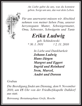 Traueranzeige von Erika Ludwig von ALLGEMEINE ZEITUNG UELZEN