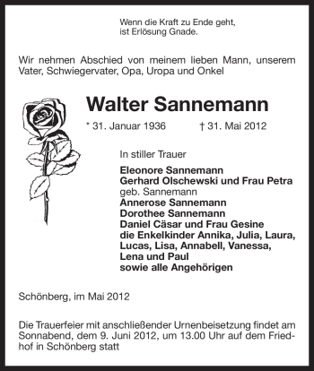 Traueranzeige von Walter Sannemann von ALLGEMEINE ZEITUNG UELZEN