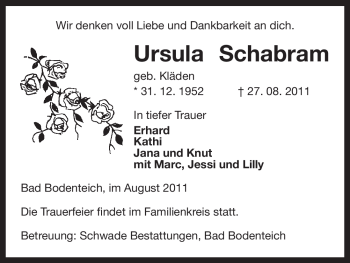 Traueranzeige von Ursula Schabram von ALLGEMEINE ZEITUNG UELZEN