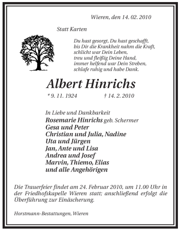 Traueranzeige von Albert Hinrichs von ALLGEMEINE ZEITUNG UELZEN