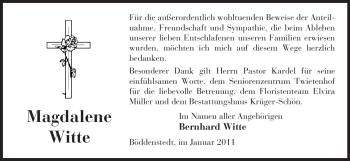 Traueranzeige von Magdalene Witte von ALLGEMEINE ZEITUNG UELZEN