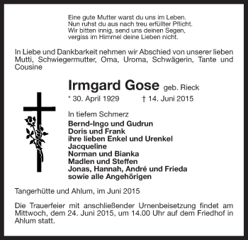 Traueranzeige von Irmgard Gose von Uelzen