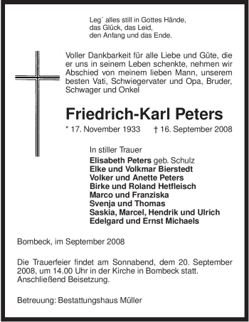 Traueranzeige von Friedrich-Karl Peters von ALLGEMEINE ZEITUNG UELZEN