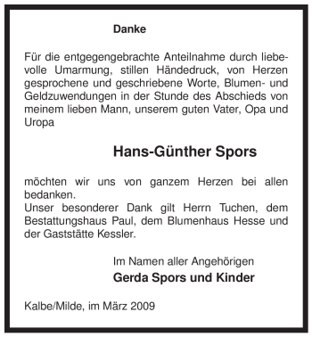 Traueranzeige von Hans-Günther Spors von ALLGEMEINE ZEITUNG UELZEN