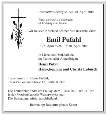 Traueranzeige von Emil Pufahl von ALLGEMEINE ZEITUNG UELZEN