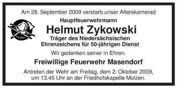 Traueranzeige von Helmut Zykowski von ALLGEMEINE ZEITUNG UELZEN