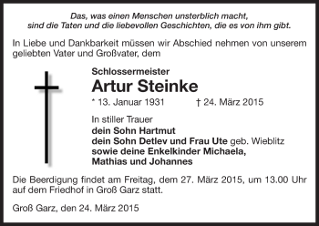 Traueranzeige von Arthur Steinke von Uelzen