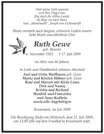 Traueranzeige von Ruth Gewe von ALLGEMEINE ZEITUNG UELZEN