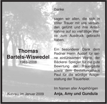 Traueranzeige von Thomas Bartels-Wiswedel von ALLGEMEINE ZEITUNG UELZEN