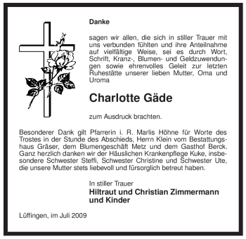 Traueranzeige von Charlotte Gäde von ALLGEMEINE ZEITUNG UELZEN