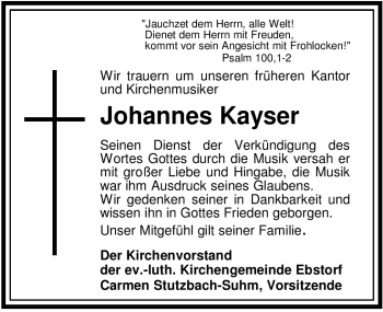Traueranzeige von Johannes Kayser von ALLGEMEINE ZEITUNG UELZEN