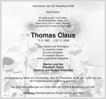 Traueranzeige von Thomas Claus von ALLGEMEINE ZEITUNG UELZEN