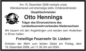 Traueranzeige von Otto Hennings von ALLGEMEINE ZEITUNG UELZEN