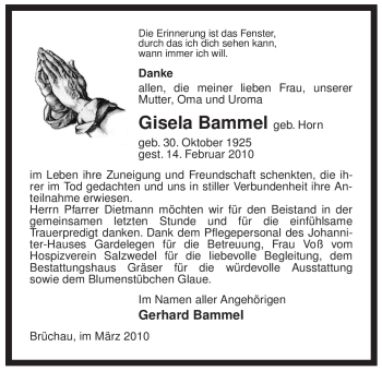 Traueranzeige von Giesela Bammel von ALLGEMEINE ZEITUNG UELZEN