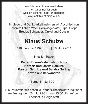 Traueranzeige von Klaus Schulze von ALLGEMEINE ZEITUNG UELZEN