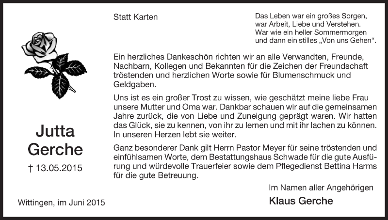  Traueranzeige für Jutta Gerche vom 20.06.2015 aus Uelzen