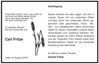 Traueranzeige von Carl Fritze von ALLGEMEINE ZEITUNG UELZEN