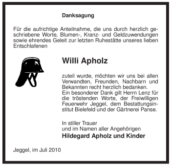 Traueranzeige von Willi Apholz von ALLGEMEINE ZEITUNG UELZEN