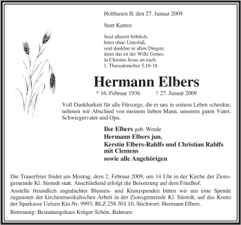 Traueranzeige von Hermann Elbers von ALLGEMEINE ZEITUNG UELZEN