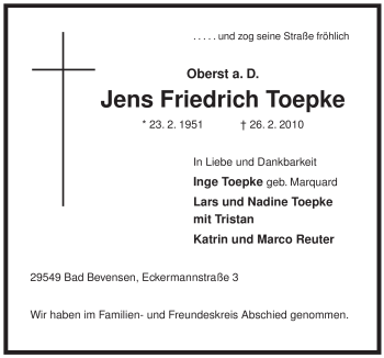 Traueranzeige von Jens Friedrich Toepke von ALLGEMEINE ZEITUNG UELZEN