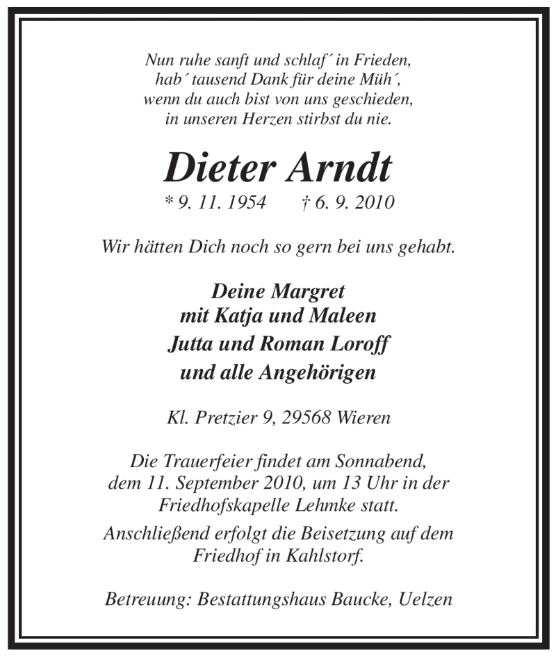  Traueranzeige für Dieter Arndt vom 08.09.2010 aus ALLGEMEINE ZEITUNG UELZEN