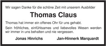 Traueranzeige von Thomas Claus von ALLGEMEINE ZEITUNG UELZEN